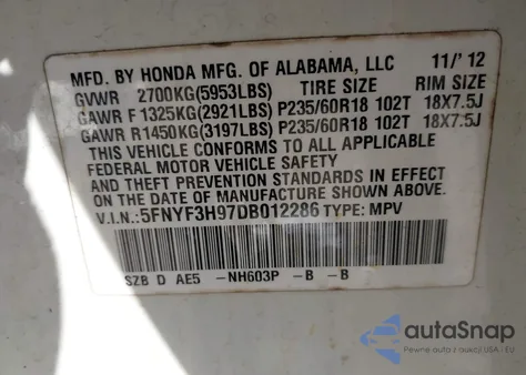 2013 Honda Pilot Touring z USA, uszkodzony, nr VIN 5FNYF3H97DB012286